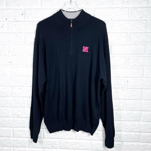 PETER MILLAR Black 100% Merino wool 1/4 zip Sweater | Nebraska Cornhuskers - Picture 1 of 7